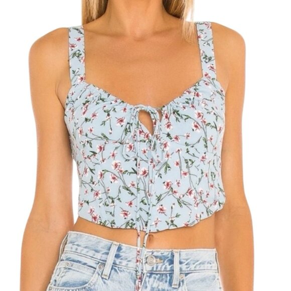 Bardot Corset Crop Top Womens 6 Blue Floral Sweetheart Back Zip Milkmaid Cami - Picture 1 of 12